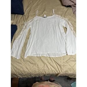 Solemio White Crochet Lace Cold Shoulder Blouse Spaghetti Strap Top Large